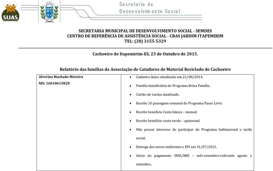 Relatório das famílias da Associação de Catadores de Material Reciclado de Cachoeiro Alverina Machado Moreira NIS: 16018615828 Cadastro único atualizado