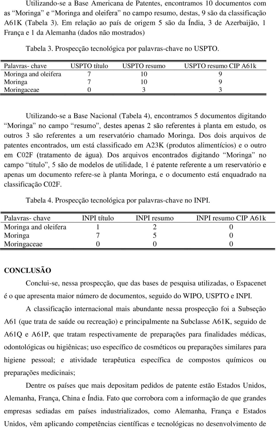 Palavras- chave USPTO título USPTO resumo USPTO resumo CIP A61k Moringa and oleifera 7 10 9 Moringa 7 10 9 Moringaceae 0 3 3 Utilizando-se a Base Nacional (Tabela ), encontramos 5 documentos