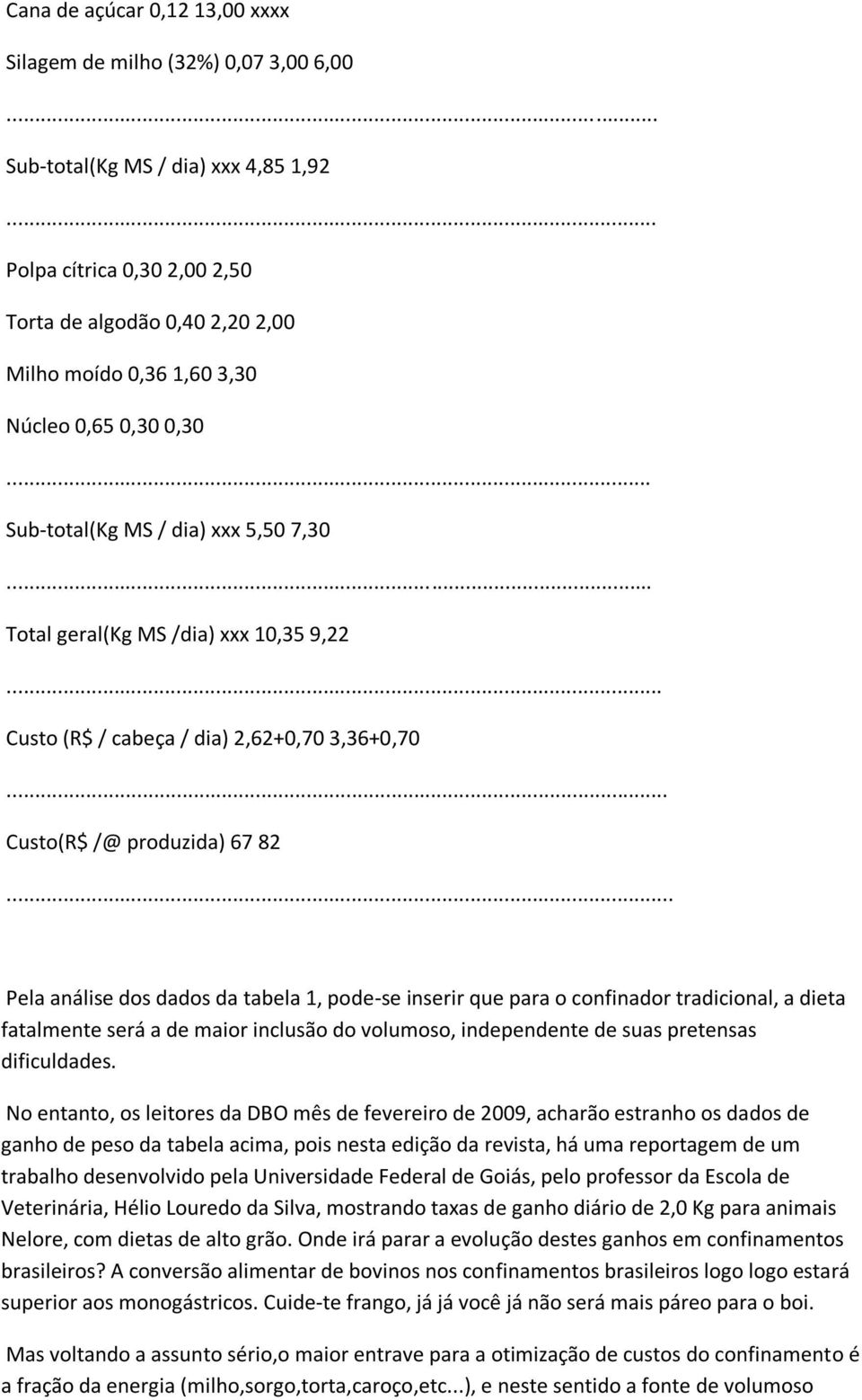 .. Custo (R$ / cabeça / dia) 2,62+0,70 3,36+0,70... Custo(R$ /@ produzida) 67 82.