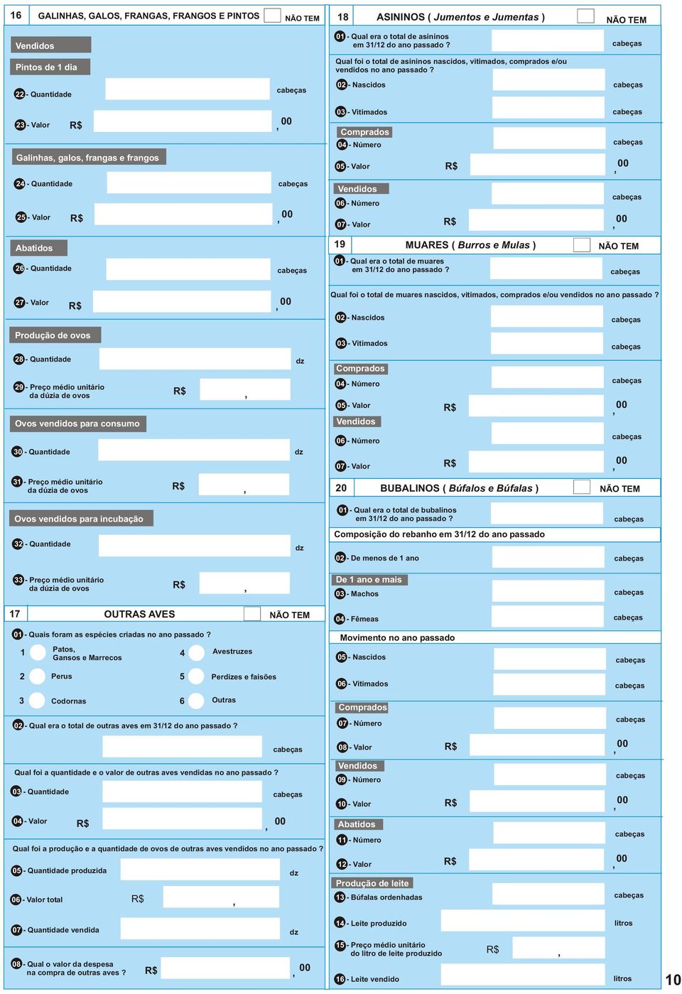 - Quantidade 0 - Nascidos - Valor Galinhas galos frangas e frangos - Quantidade 5 - Valor 0 - Vitimados Comprados 0 - Número 05 - Valor Vendidos 06 - Número 07 - Valor Abatidos 9 MUARES ( Burros e