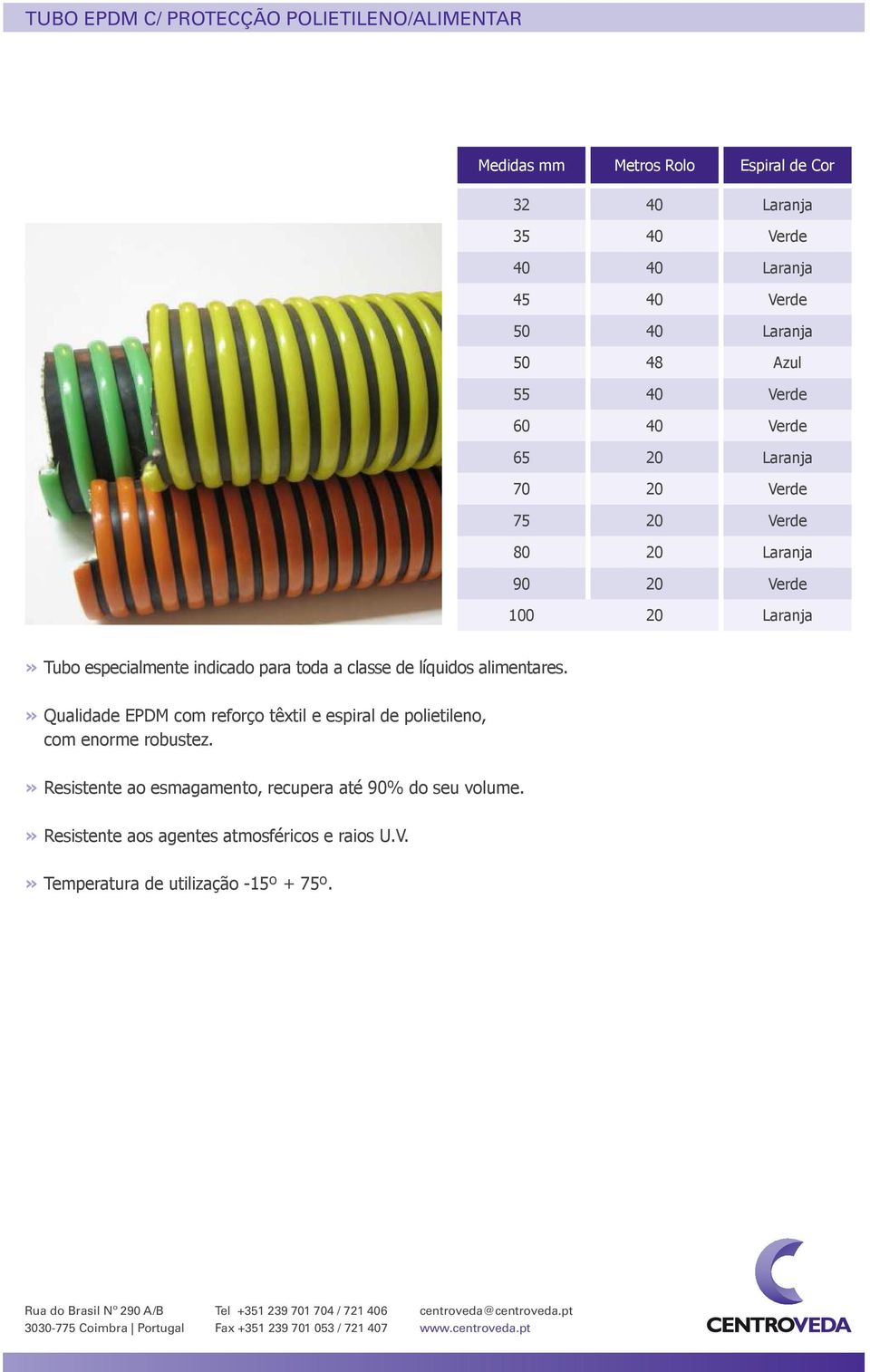 indicado para toda a classe de líquidos alimentares.» Qualidade EPDM com reforço têxtil e espiral de polietileno, com enorme robustez.