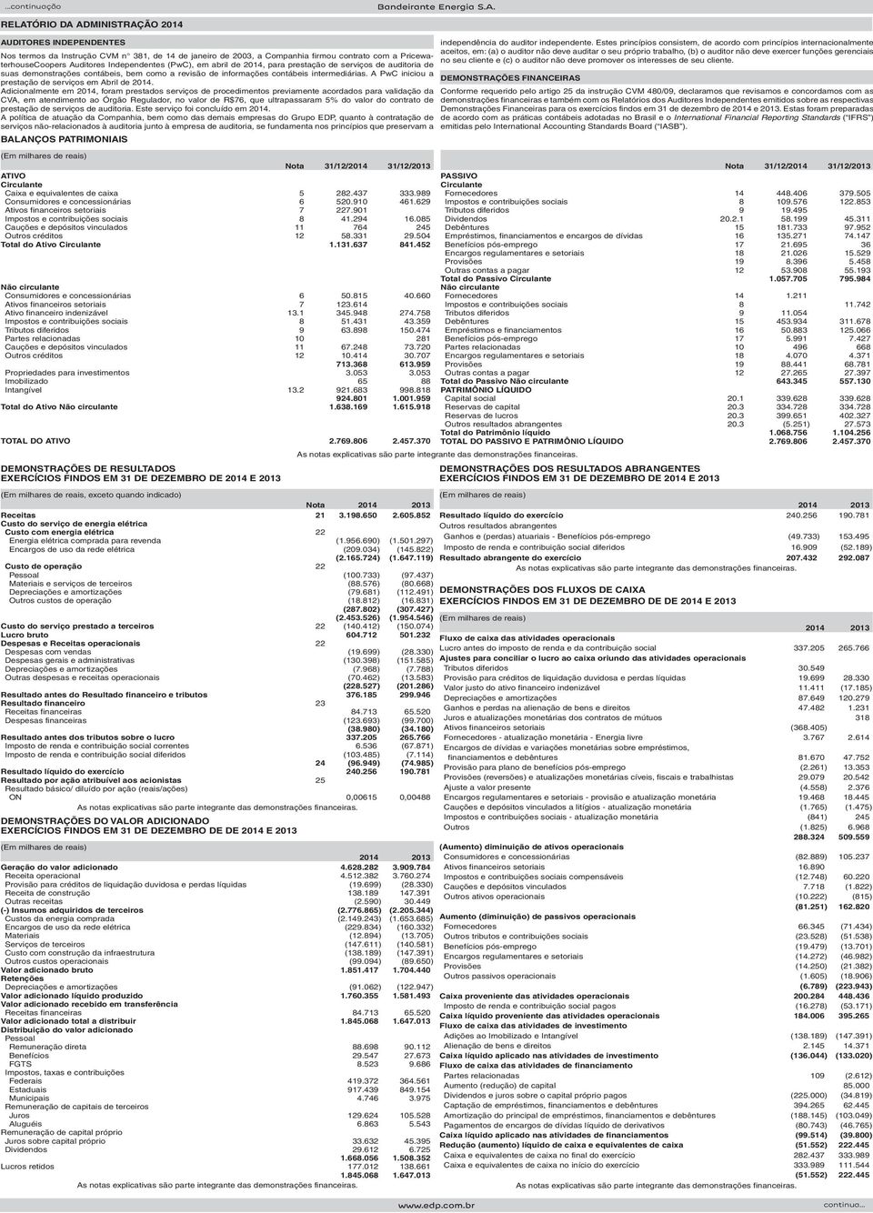 A PwC iniciou a prestação de serviços em Abril de 2014.