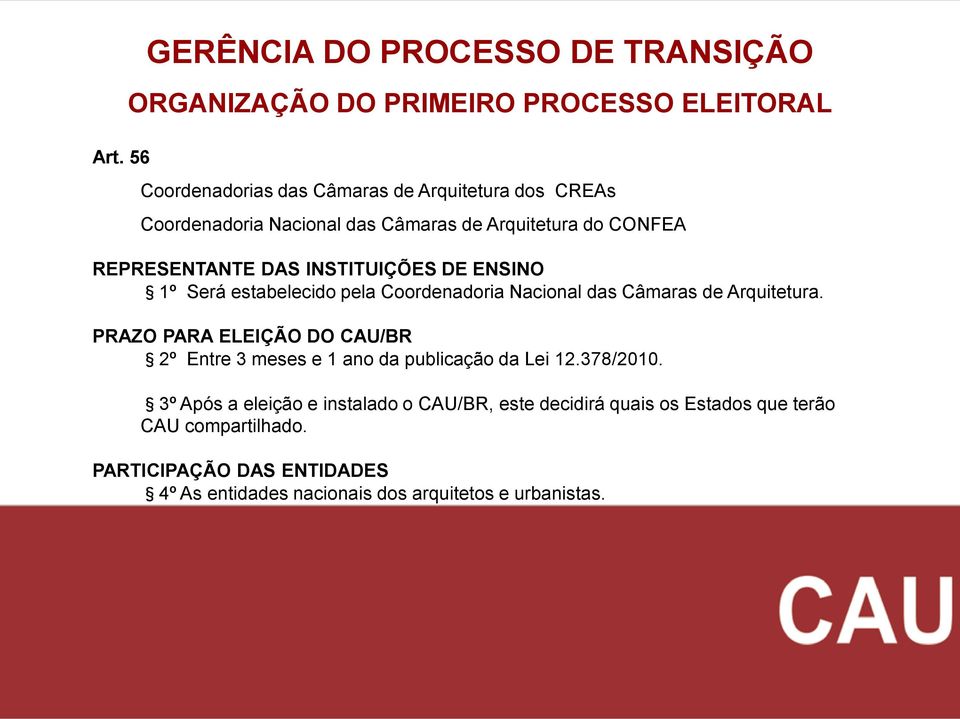 Nacional das Câmaras de Arquitetura. PRAZO PARA ELEIÇÃO DO CAU/BR 2º Entre 3 meses e 1 ano da publicação da Lei 12.378/2010.