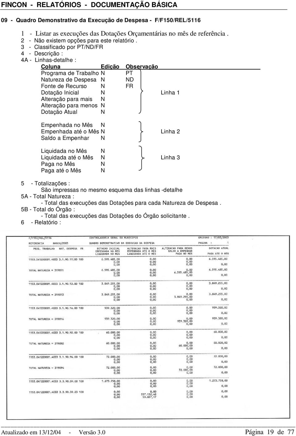 Dotação Atual Empenhada no Mês Empenhada até o Mês Linha 2 Saldo a Empenhar Liquidada no Mês Liquidada até o Mês Linha 3 Paga no Mês Paga até o Mês 5 - Totalizações : São impressas no mesmo esquema