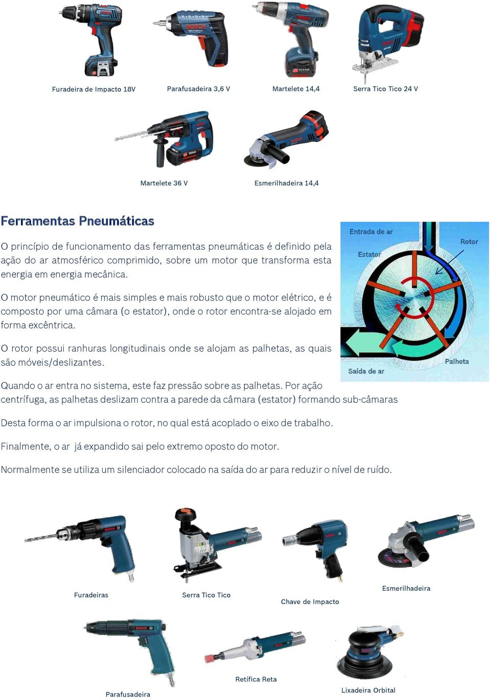 O motor pneumático é mais simples e mais robusto que o motor elétrico, e é composto por uma câmara (o estator), onde o rotor encontra-se alojado em forma excêntrica.