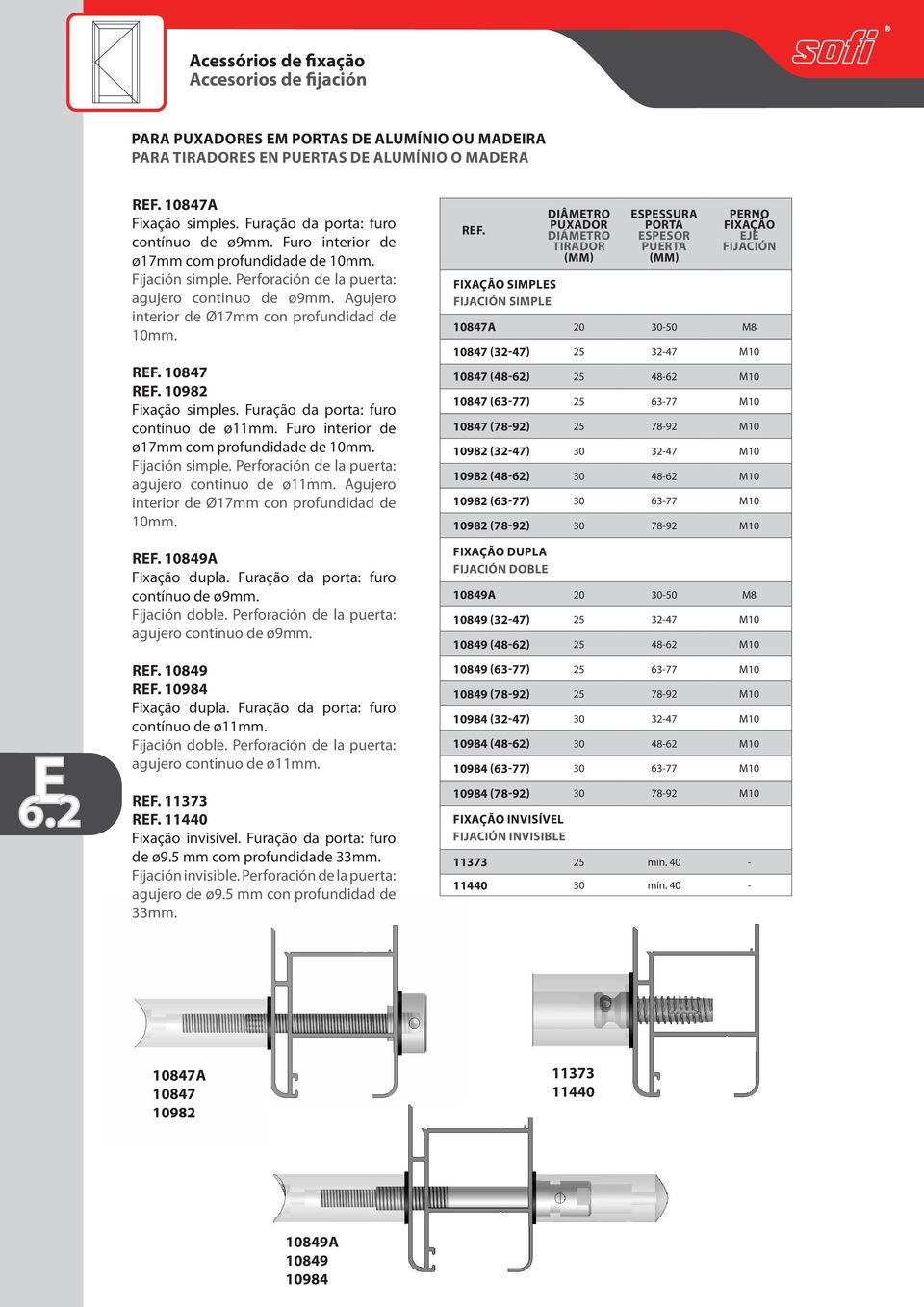 10984 contínuo de ø11 agujero continuo de ø11 rf. 11373 rf. 11440 Fixação invisível. Furação da porta: furo de ø9.5 mm com profundidade 33 Fijación invisible. Perforación de la puerta: agujero de ø9.