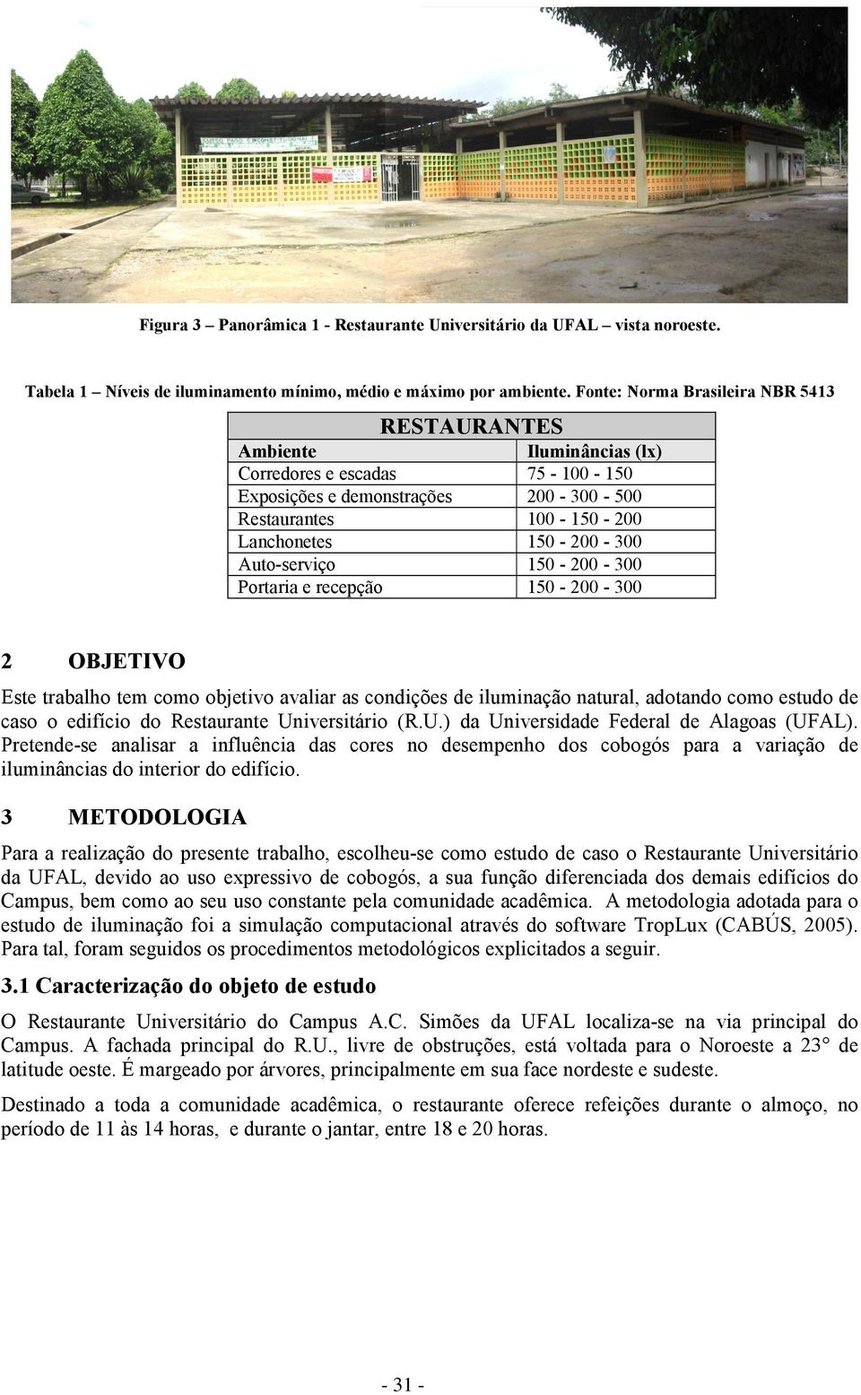 300 Auto-serviço 150-200 - 300 Portaria e recepção 150-200 - 300 2 OBJETIVO Este trabalho tem como objetivo avaliar as condições de iluminação natural, adotando como estudo de caso o edifício do