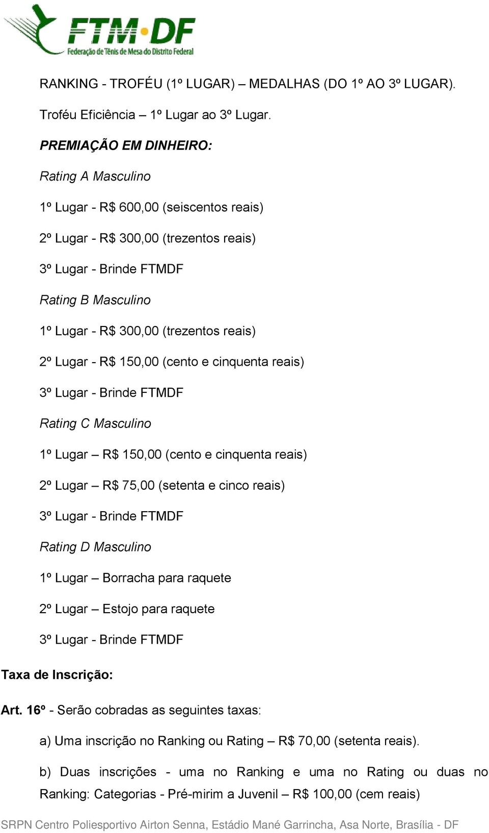 R$ 150,00 (cento e cinquenta reais) Rating C Masculino 1º Lugar R$ 150,00 (cento e cinquenta reais) 2º Lugar R$ 75,00 (setenta e cinco reais) Rating D Masculino 1º Lugar Borracha para