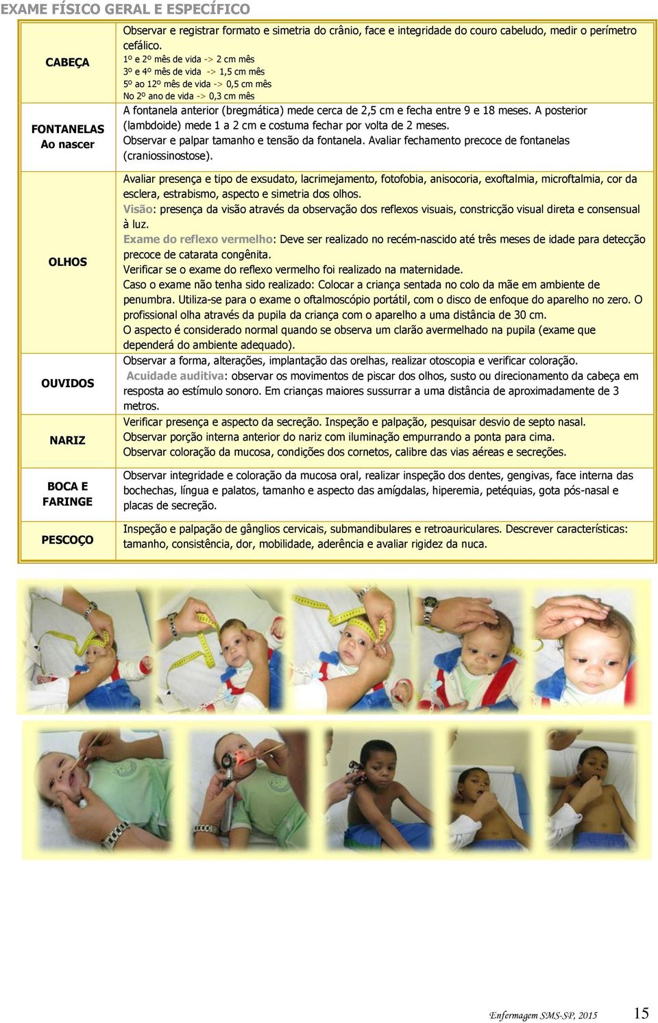 entre 9 e 18 meses. A posterior (lambdoide) mede 1 a 2 cm e costuma fechar por volta de 2 meses. Observar e palpar tamanho e tensão da fontanela.