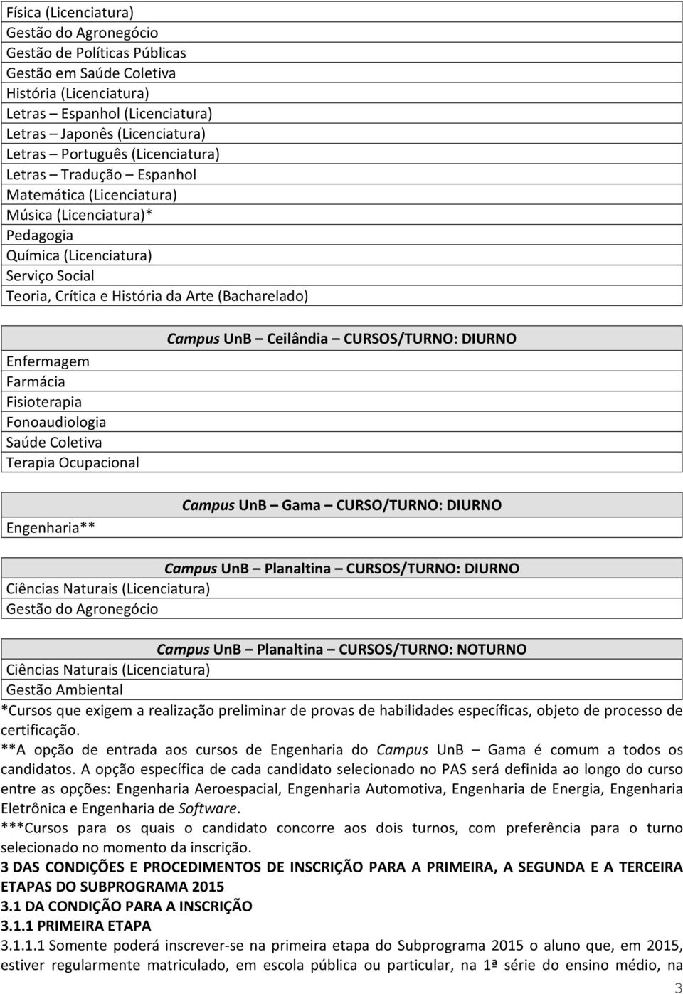 Farmácia Fisioterapia Fonoaudiologia Saúde Coletiva Terapia Ocupacional Engenharia** Campus UnB Ceilândia CURSOS/TURNO: DIURNO Campus UnB Gama CURSO/TURNO: DIURNO Campus UnB Planaltina CURSOS/TURNO: