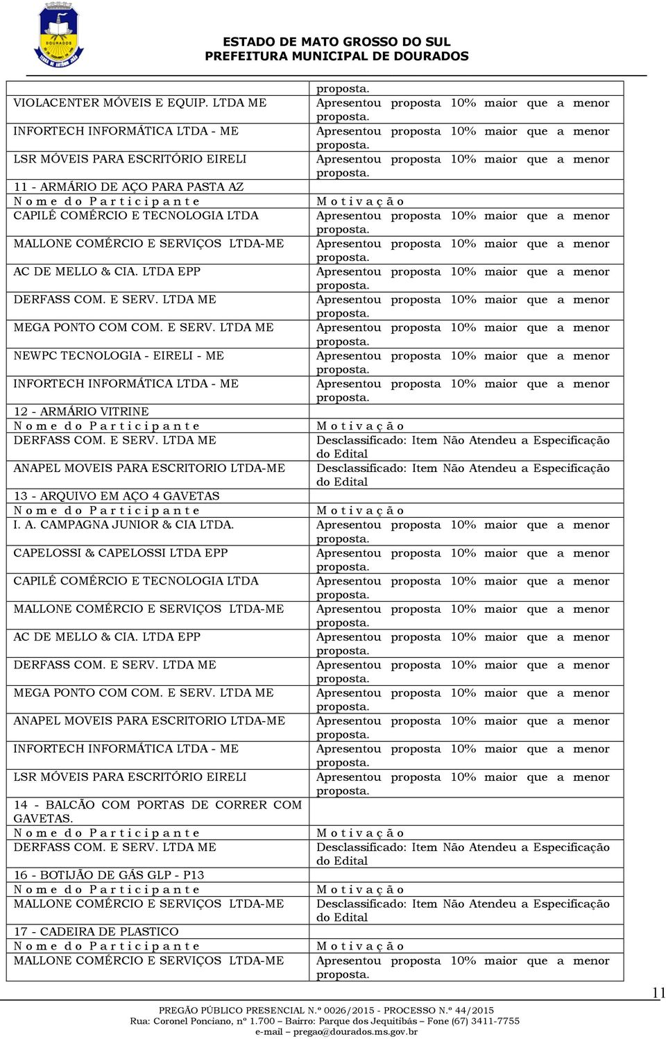 LTDA EPP MEGA PONTO COM COM. E SERV. LTDA ME NEWPC TECNOLOGIA - EIRELI - ME INFORTECH INFORMÁTICA LTDA - ME 12 - ARMÁRIO VITRINE ANAPEL MOVEIS PARA ESCRITORIO LTDA-ME 13 - ARQUIVO EM AÇO 4 GAVETAS I.