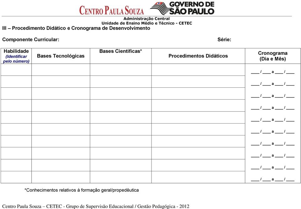 Bases Científicas* Procedimentos Didáticos Cronograma (Dia