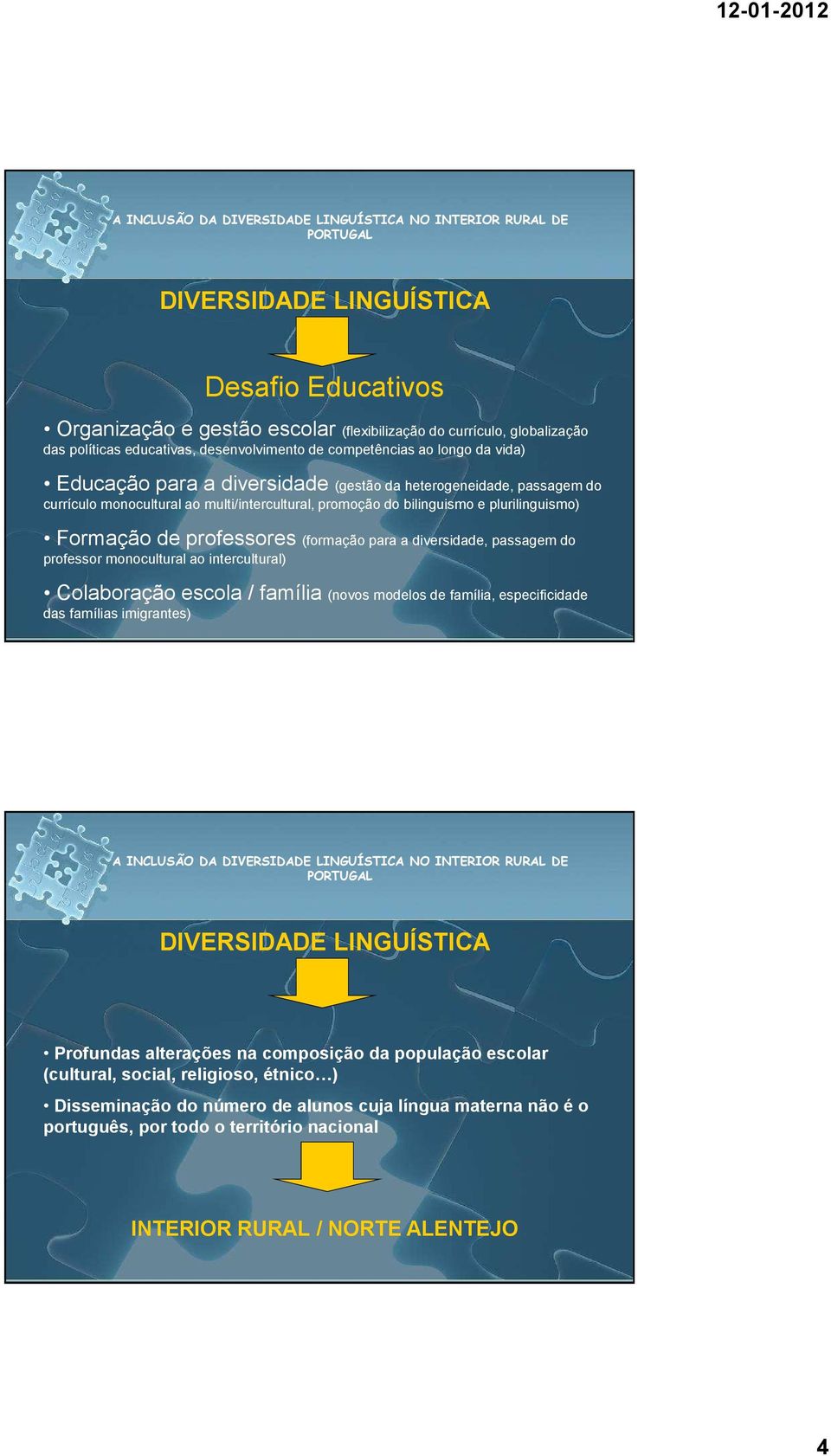 diversidade, passagem do professor monocultural ao intercultural) Colaboração escola / família (novos modelos de família, especificidade das famílias imigrantes) DIVERSIDADE LINGUÍSTICA Profundas