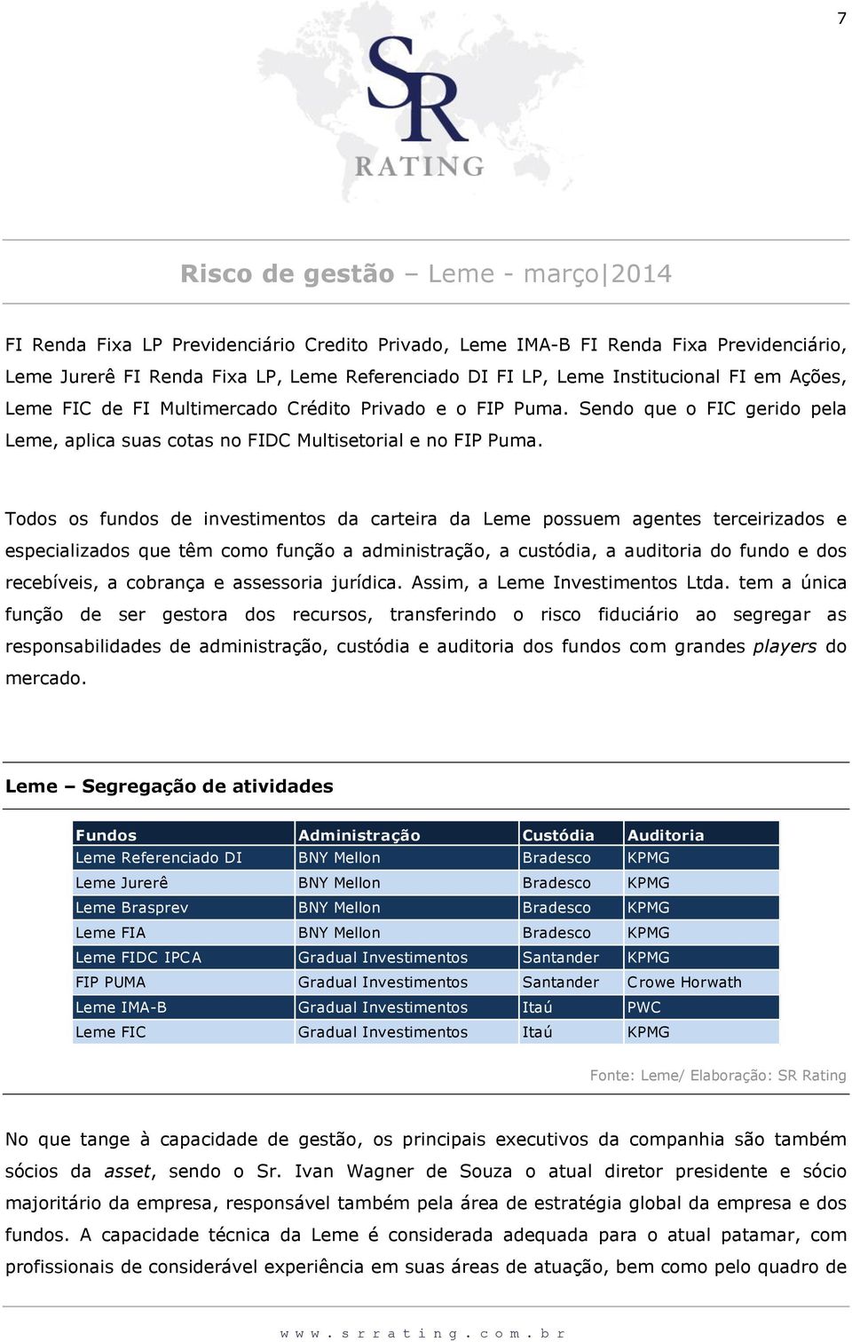 Todos os fundos de investimentos da carteira da Leme possuem agentes terceirizados e especializados que têm como função a administração, a custódia, a auditoria do fundo e dos recebíveis, a cobrança