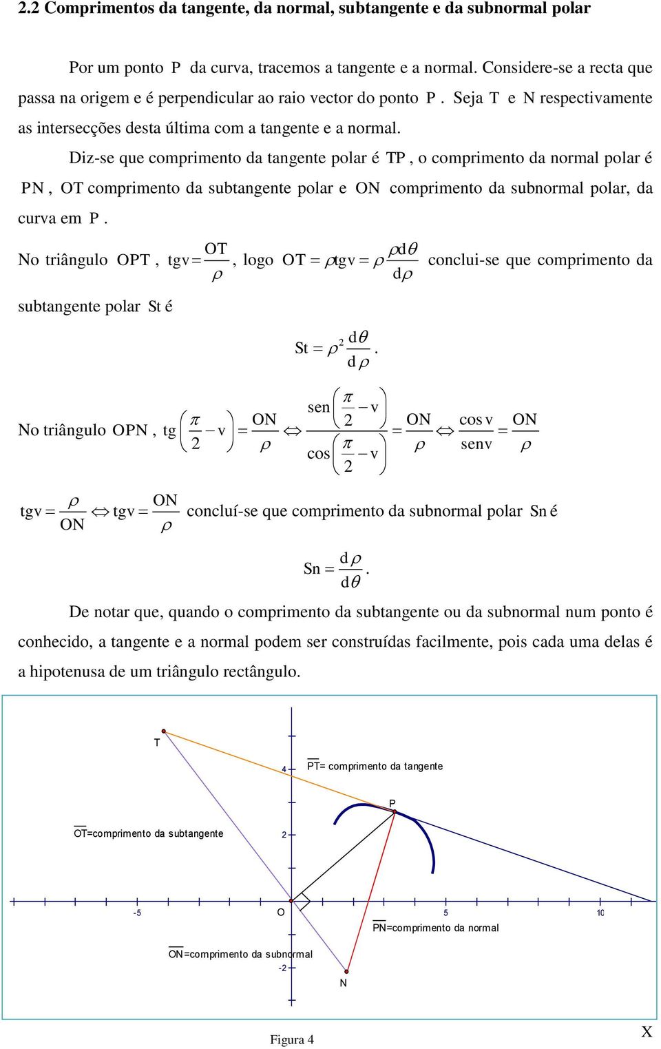 polr, d curv em P OT d No triângulo OPT, tgv, logo OT tgv conclui-se que comprimento d d subtngente polr St é d St d sen v ON ON cos v ON No triângulo OPN, tg v senv cos v ON tgv tgv concluí-se que