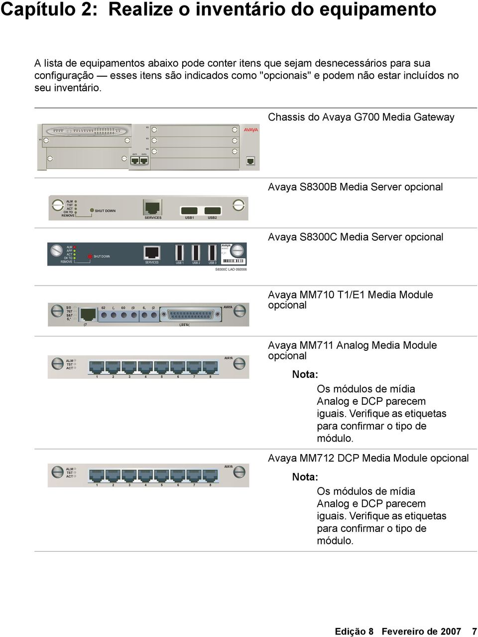 Chassis do Avaya G700 Media Gateway V2 V1 V3 V4 EXT1 EXT2 Avaya S8300B Media Server opcional ALM TST ACT OK TO REMOVE SHUT DOWN SERVICES USB1 USB2 Avaya S8300C Media Server opcional ALM APP ACT OK TO