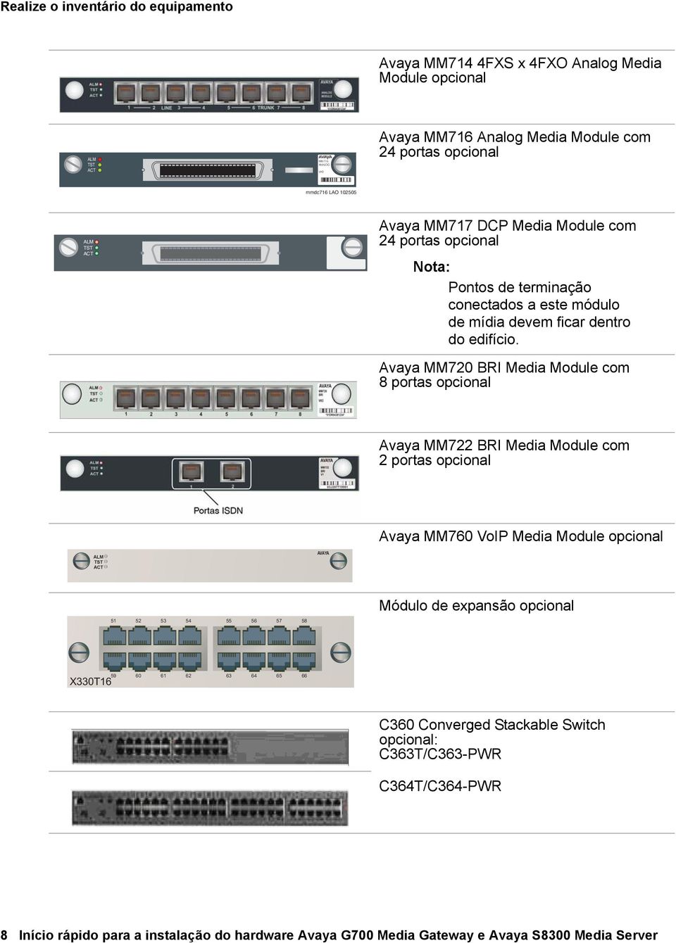 Avaya MM720 BRI Media Module com 8 portas opcional Avaya MM722 BRI Media Module com 2 portas opcional ALM TST ACT AVAYA Avaya MM760 VoIP Media Module opcional 51 52 53 54 55 56 57 58