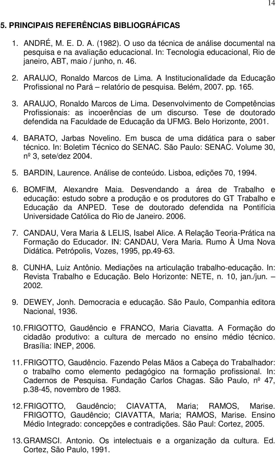 165. 3. ARAUJO, Ronaldo Marcos de Lima. Desenvolvimento de Competências Profissionais: as incoerências de um discurso. Tese de doutorado defendida na Faculdade de Educação da UFMG.