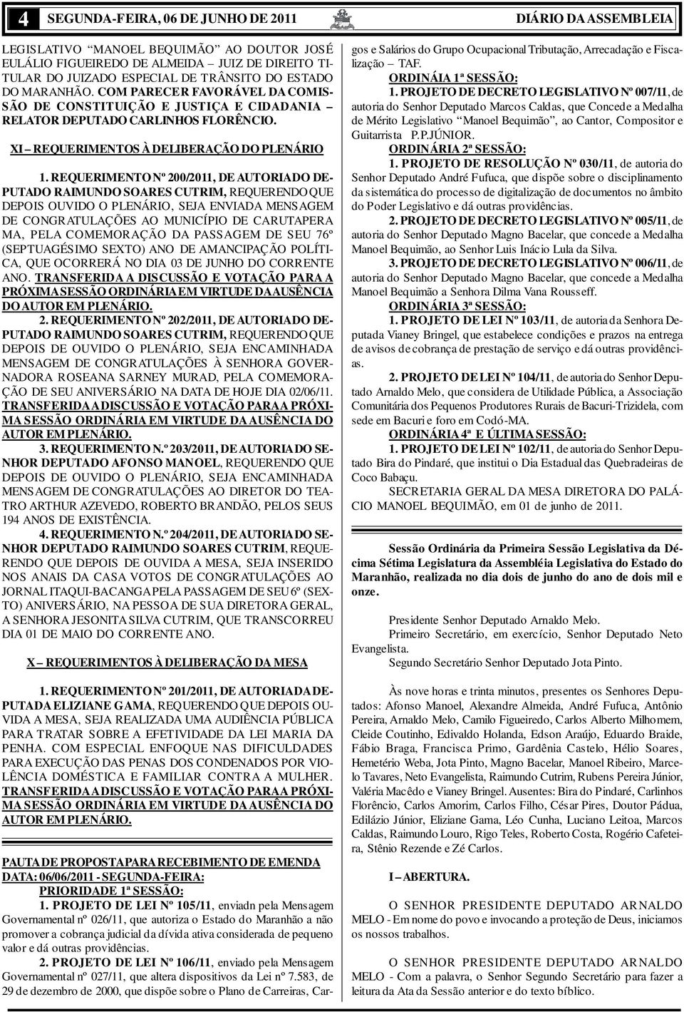 REQUERIMENTO Nº 200/2011, DE AUTORIA DO DE- PUTADO RAIMUNDO SOARES CUTRIM, REQUERENDO QUE DEPOIS OUVIDO O PLENÁRIO, SEJA ENVIADA MENSAGEM DE CONGRATULAÇÕES AO MUNICÍPIO DE CARUTAPERA MA, PELA