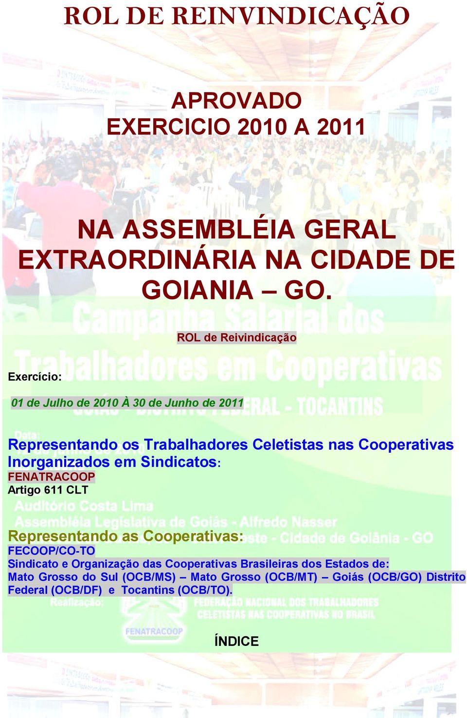 Inorganizados em Sindicatos: FENATRACOOP Artigo 611 CLT Representando as Cooperativas: FECOOP/CO-TO Sindicato e Organização das