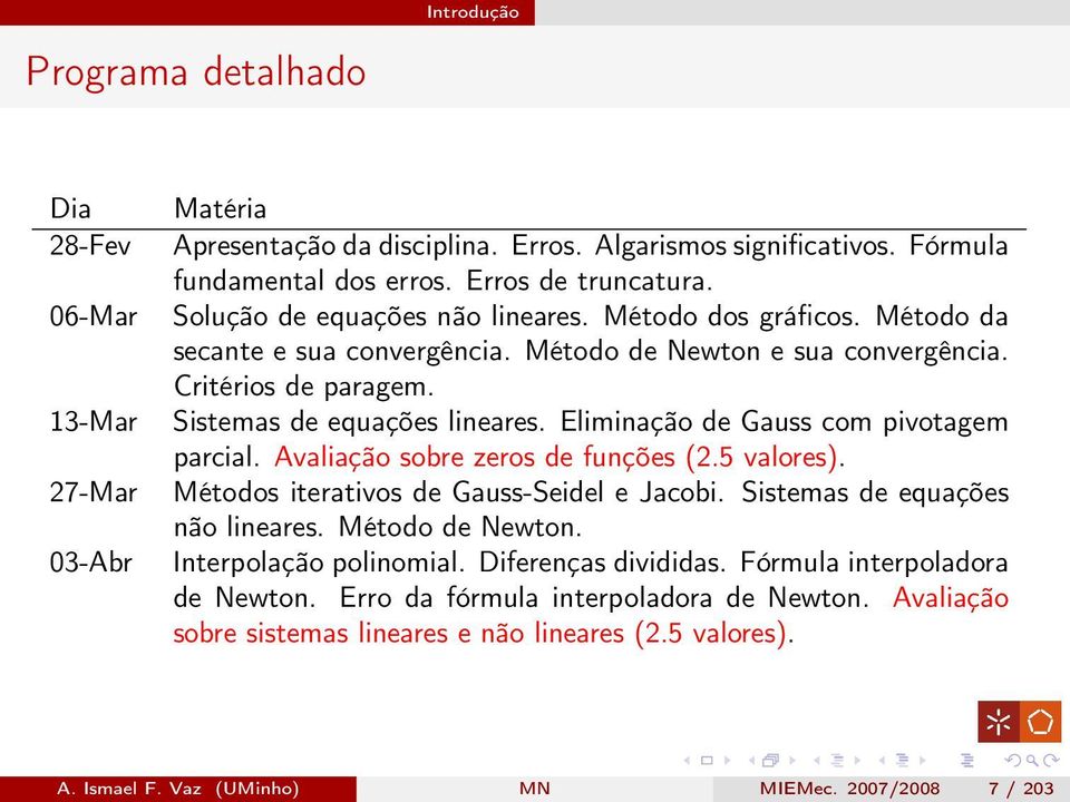 Eliminação de Gauss com pivotagem parcial. Avaliação sobre zeros de funções (2.5 valores). Métodos iterativos de Gauss-Seidel e Jacobi. Sistemas de equações não lineares. Método de Newton.