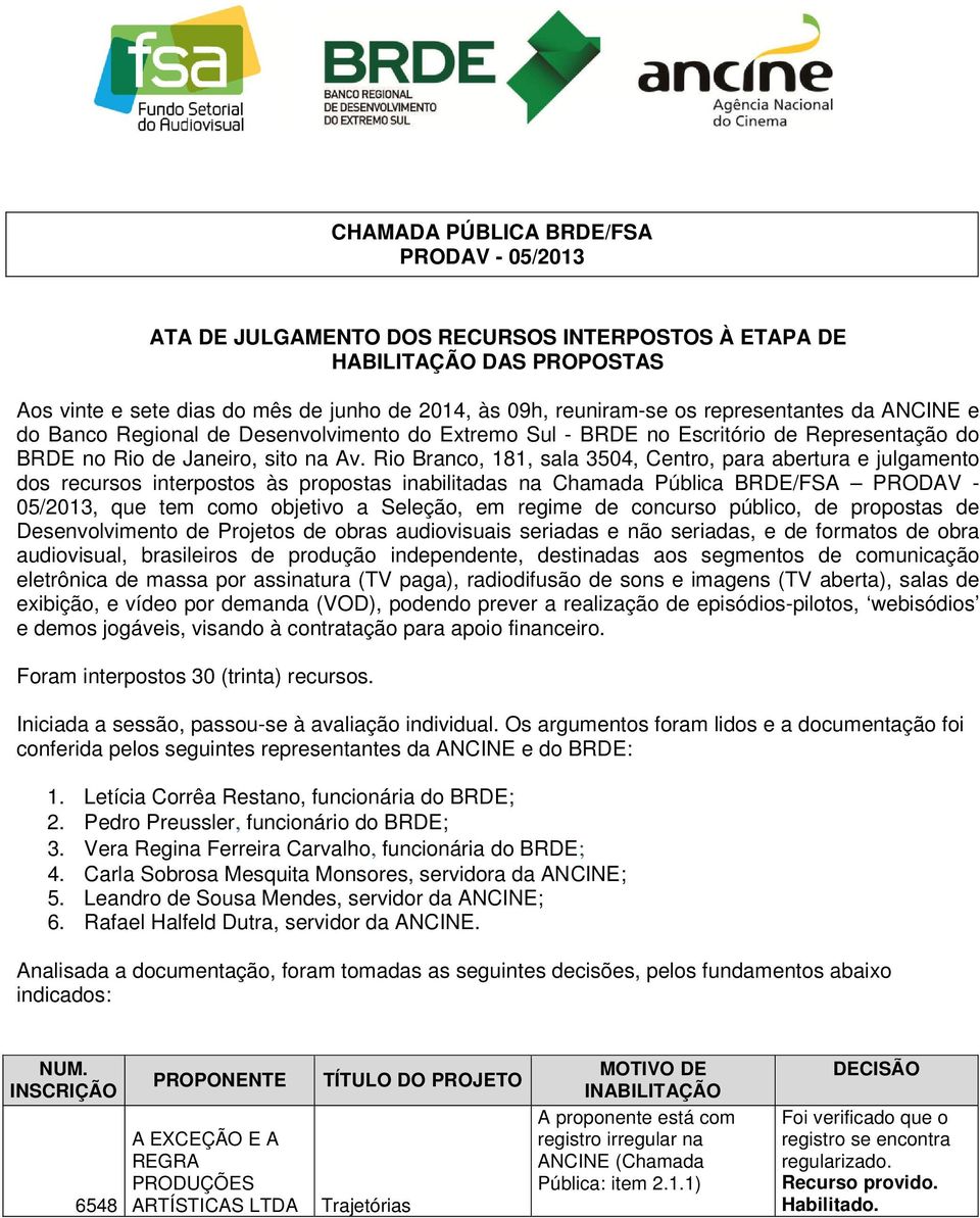 Rio Branco, 181, sala 3504, Centro, para abertura e julgamento dos recursos interpostos às propostas inabilitadas na Chamada Pública BRDE/FSA PRODAV - 05/2013, que tem como objetivo a Seleção, em