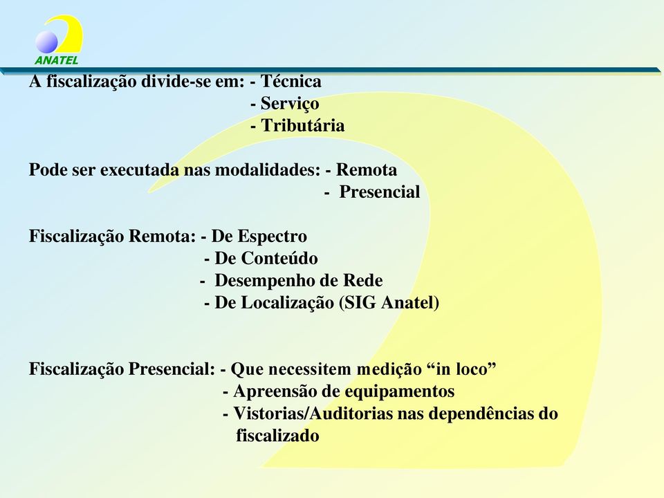 Desempenho de Rede - De Localização (SIG Anatel) Fiscalização Presencial: - Que