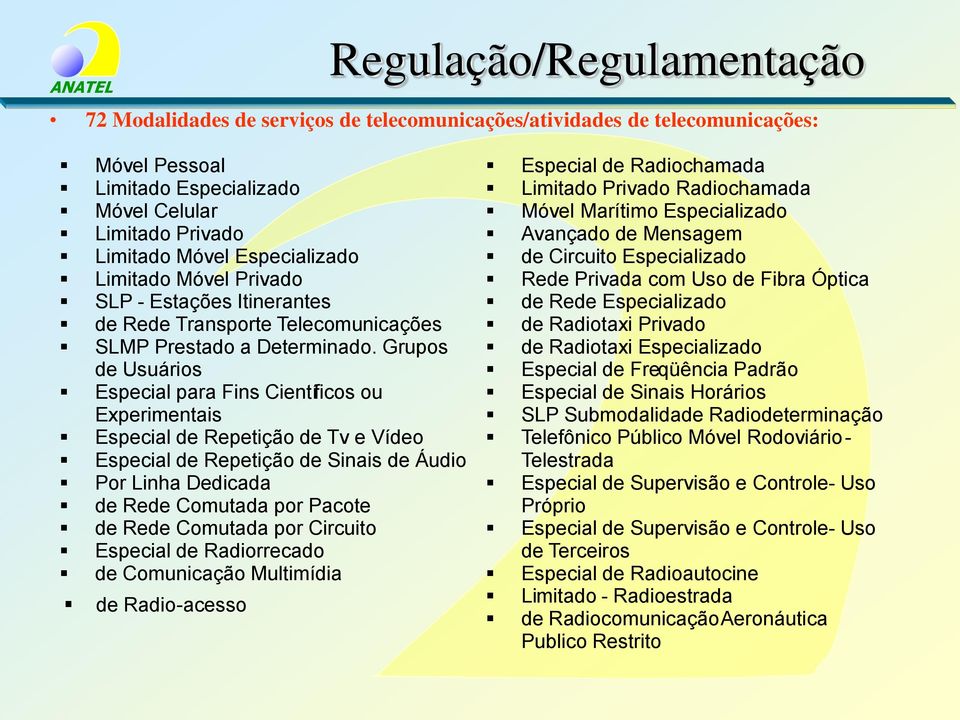 Grupos de Usuários Especial para Fins Cientí ficos ou Experimentais Especial de Repetição de Tv e Vídeo Especial de Repetição de Sinais de Áudio Por Linha Dedicada de Rede Comutada por Pacote de Rede