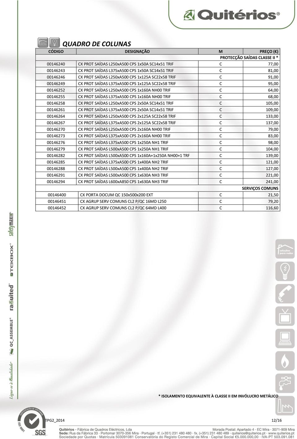 SAÍDAS L375xA500 CPS 1x160A NH00 TRIF C 68,00 00146258 CX PROT SAÍDAS L250xA500 CPS 2x50A SC14x51 TRIF C 105,00 00146261 CX PROT SAÍDAS L375xA500 CPS 2x50A SC14x51 TRIF C 109,00 00146264 CX PROT