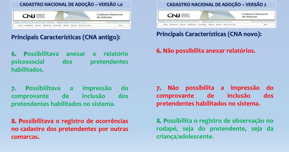 Possibilitava o registro de ocorrências no cadastro dos pretendentes por outras comarcas. Principais Características (CNA novo): 6.