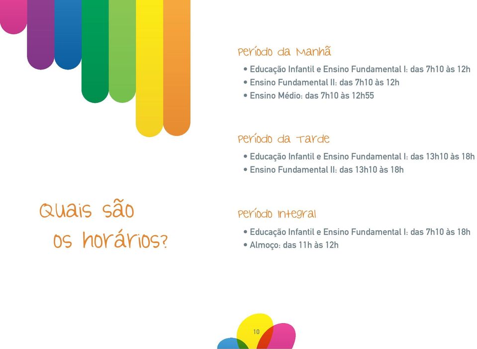 Fundamental I: das 13h10 às 18h Ensino Fundamental II: das 13h10 às 18h Quais são os horários?