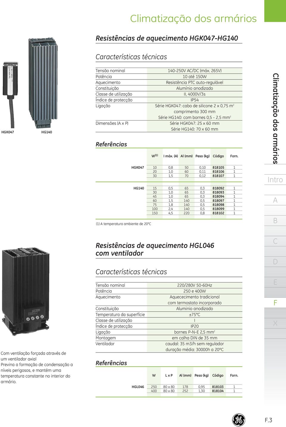 265V) 0 até W Resistência PT autoregulável lumínio anodizado II, 000V/3s IP5 Série HGK07: cabo de silicone 2 x 0,75 m 2 comprimento 0 mm Série HG0: com bornes 0,5 2,5 mm 2 Série HGK07: x 60 mm Série