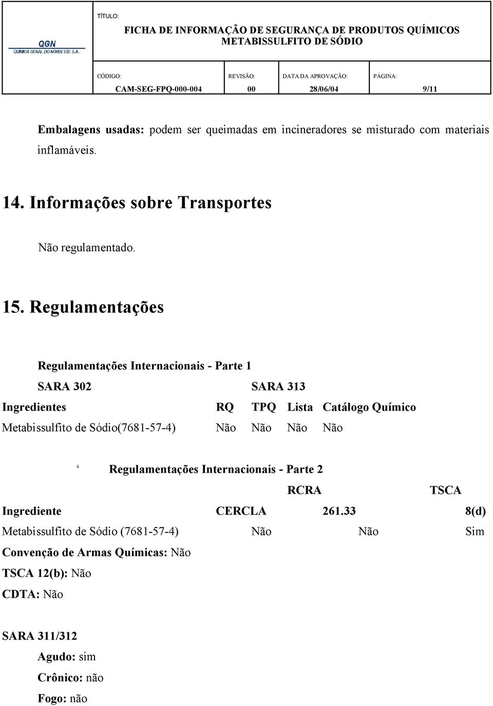 Regulamentações Regulamentações Internacionais - Parte 1 SARA 302 SARA 313 Ingredientes RQ TPQ Lista Catálogo Químico Metabissulfito de