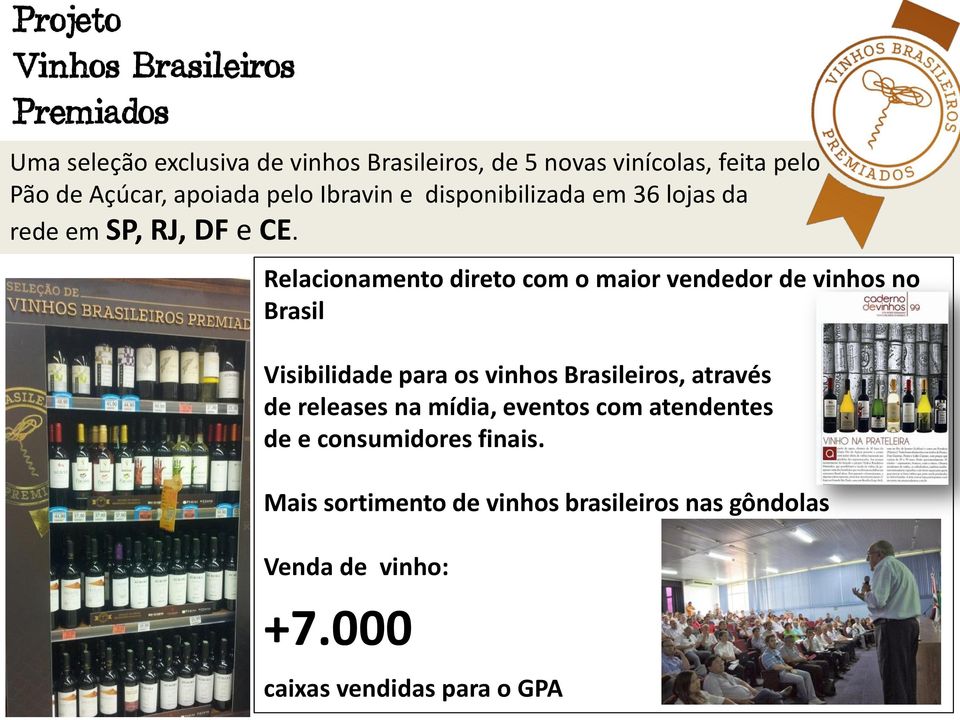 Relacionamento direto com o maior vendedor de vinhos no Brasil Visibilidade para os vinhos Brasileiros, através