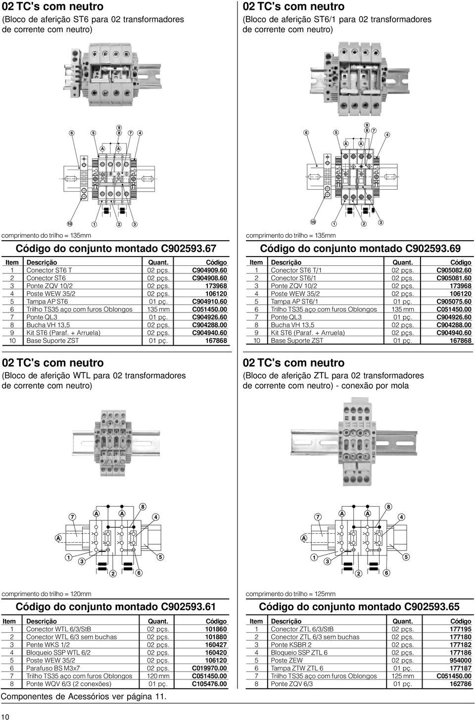 00 02 TC's com neutro (Bloco de aferição WTL para 02 transformadores comprimento do trilho = 135mm do conjunto montado C902593.69 1 Conector ST6 T/1 02 pçs. C905082.60 2 Conector ST6/1 02 pçs.