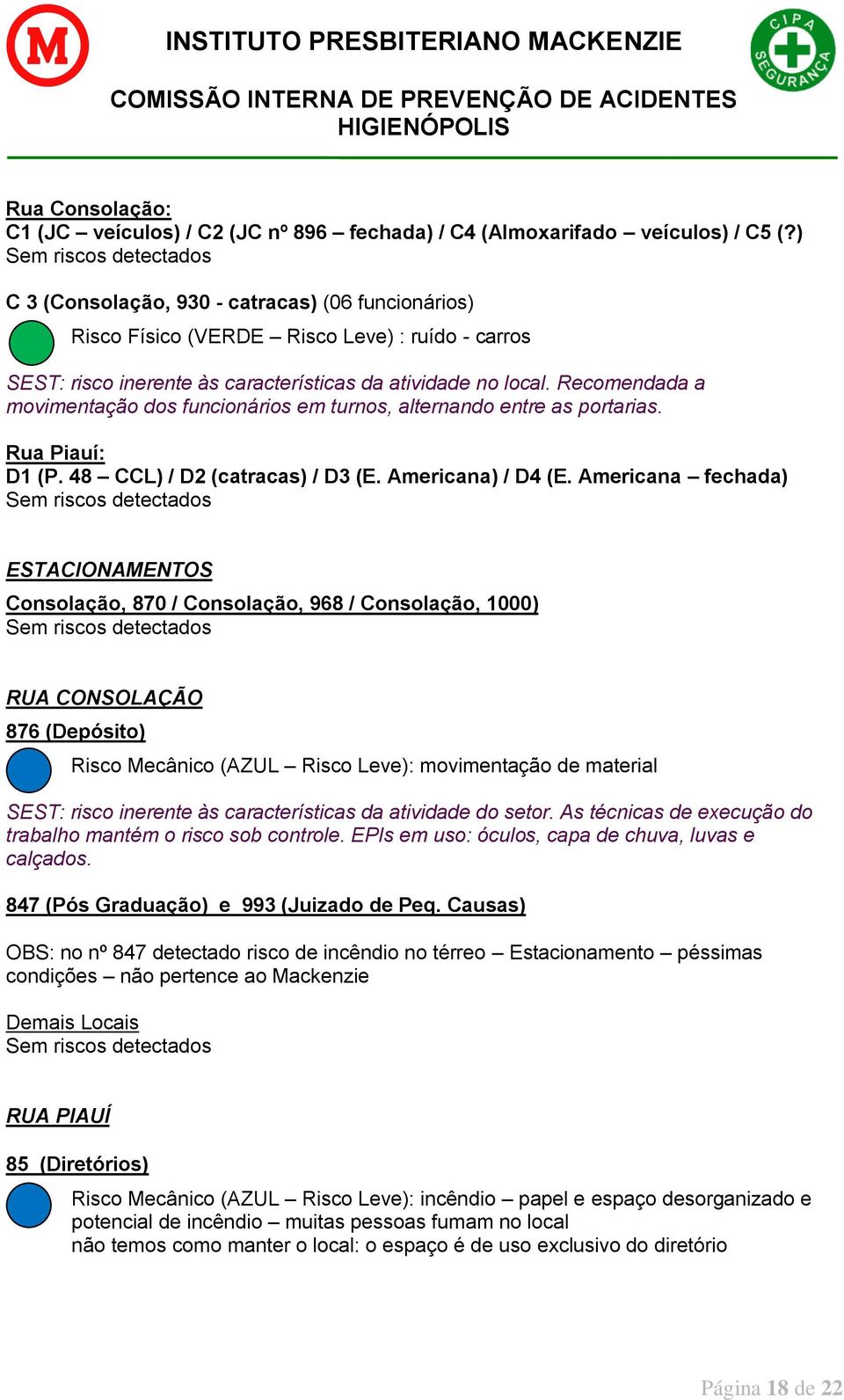 Recomendada a movimentação dos funcionários em turnos, alternando entre as portarias. Rua Piauí: D1 (P. 48 CCL) / D2 (catracas) / D3 (E. Americana) / D4 (E.