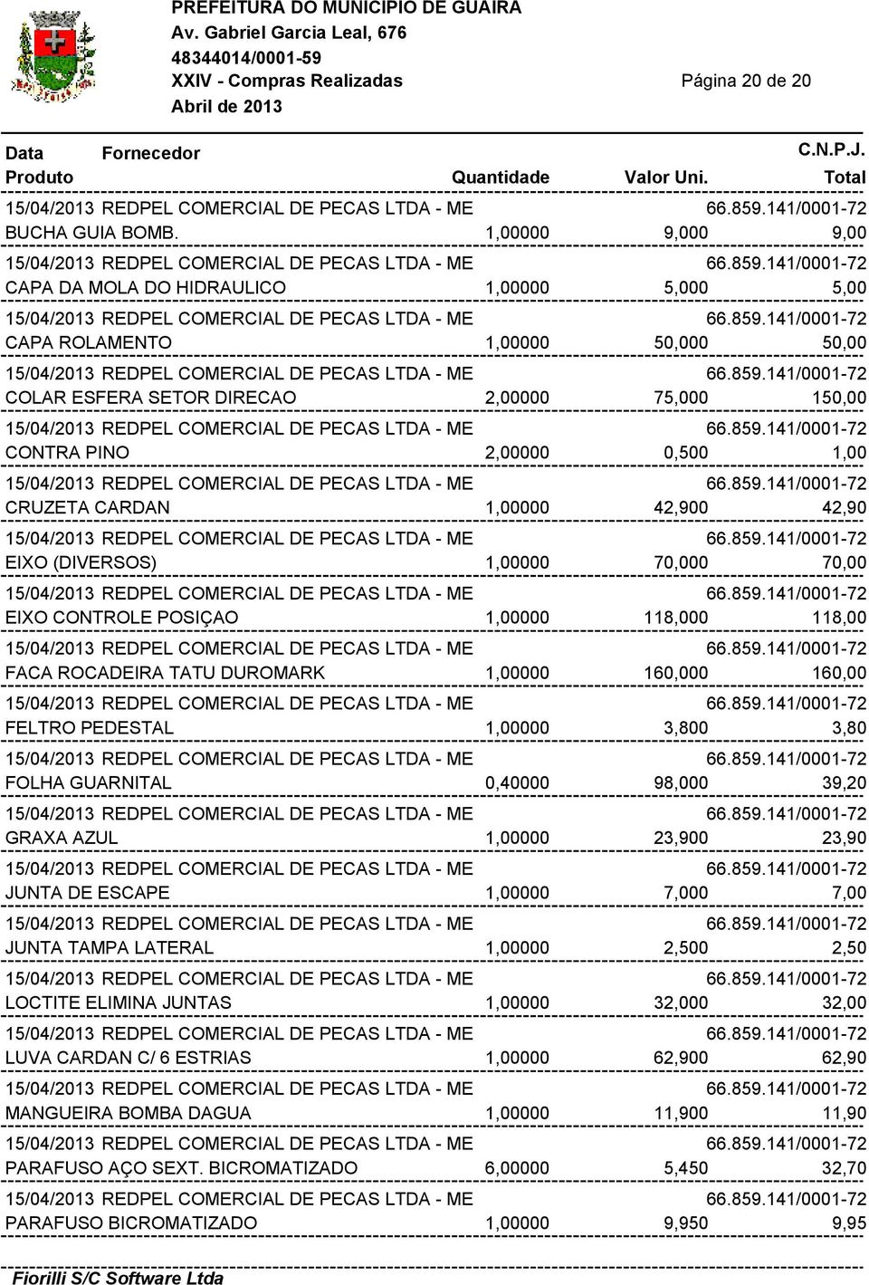 1,00000 42,900 42,90 EIXO (DIVERSOS) 1,00000 70,000 70,00 EIXO CONTROLE POSIÇAO 1,00000 118,000 118,00 FACA ROCADEIRA TATU DUROMARK 1,00000 160,000 160,00 FELTRO PEDESTAL 1,00000 3,800 3,80 FOLHA