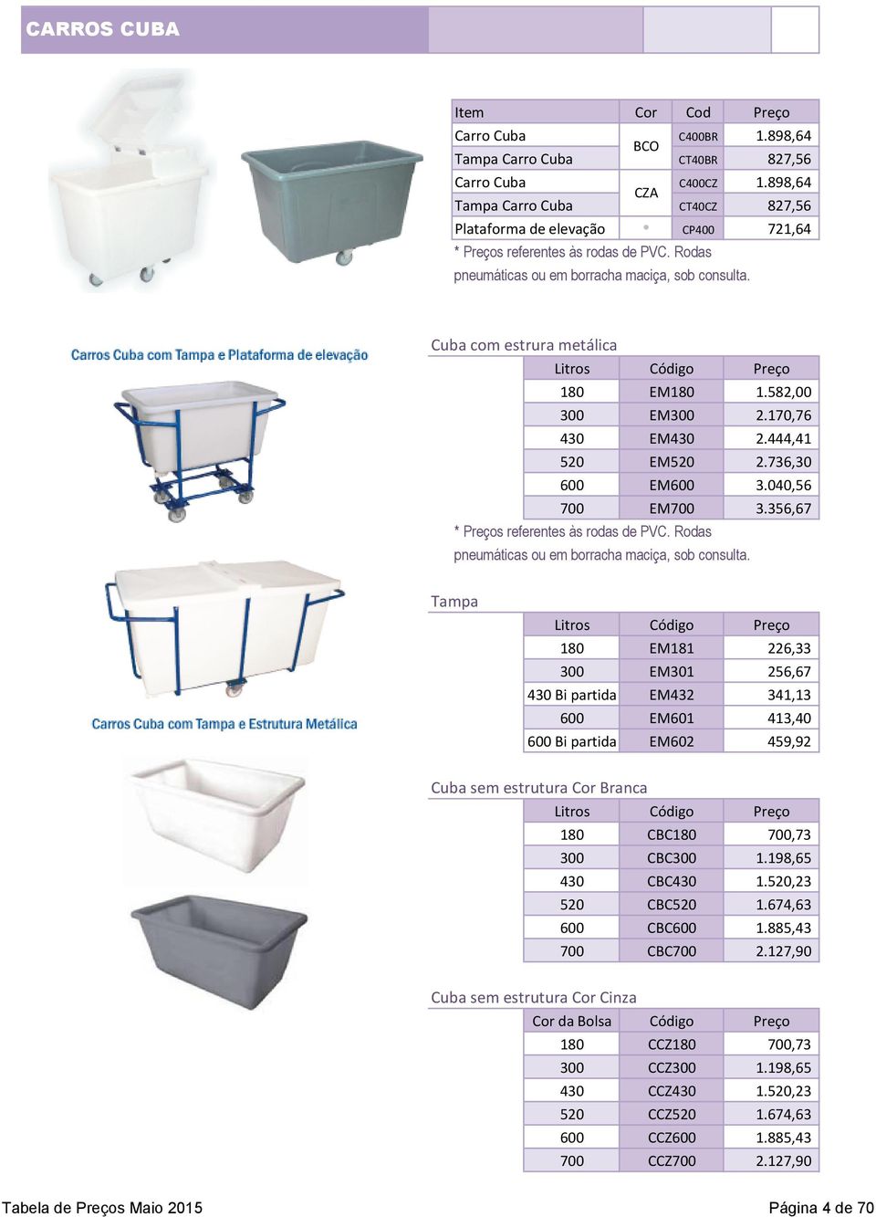 Cuba com estrura metálica Litros 180 EM180 1.582,00 300 EM300 2.170,76 430 EM430 2.444,41 520 EM520 2.736,30 600 EM600 3.040,56 700 EM700 3.356,67 * Preços referentes às rodas de PVC.