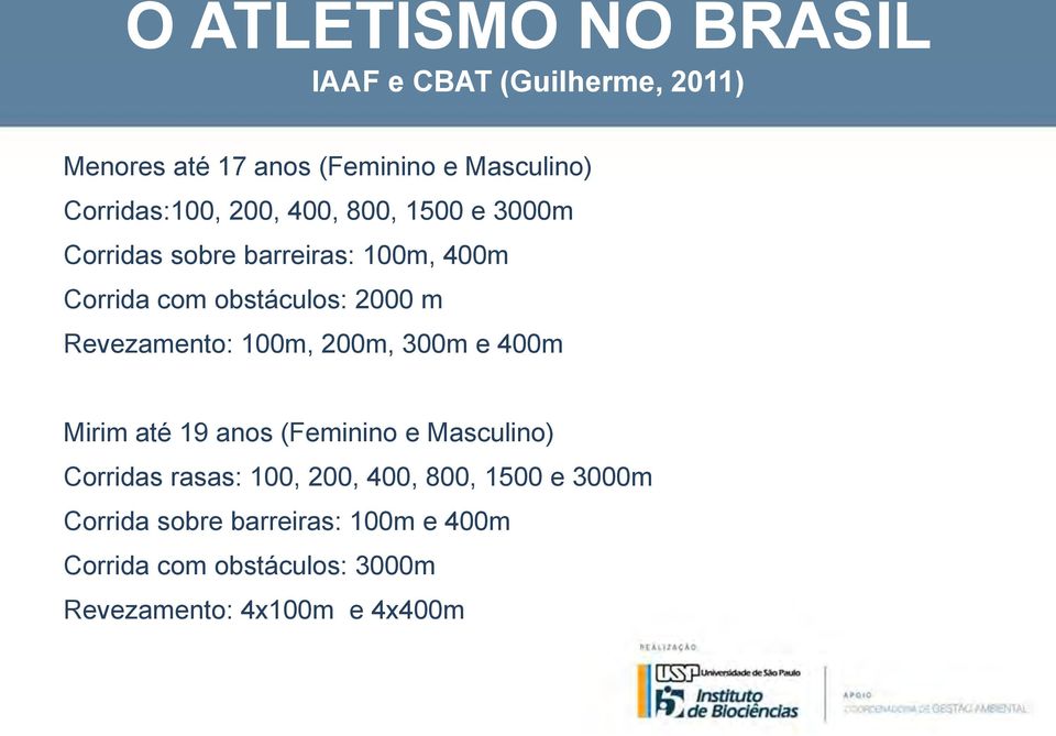 2000 m Revezamento: 100m, 200m, 300m e 400m Mirim até 19 anos (Feminino e Masculino) Corridas rasas: 100,