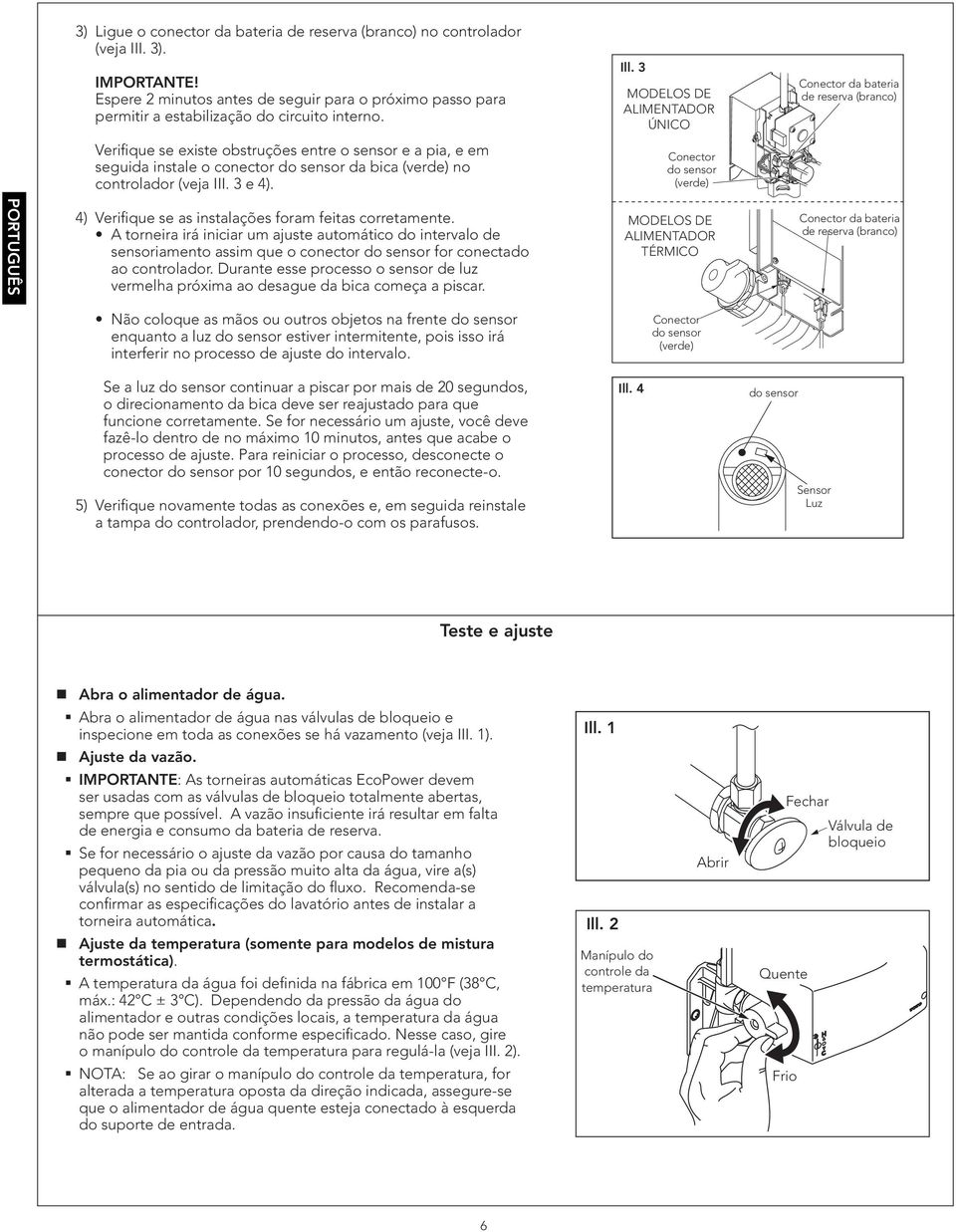 III. 3 e 4). Conector do sensor (verde) 4) Verifique se as instalações foram feitas corretamente.