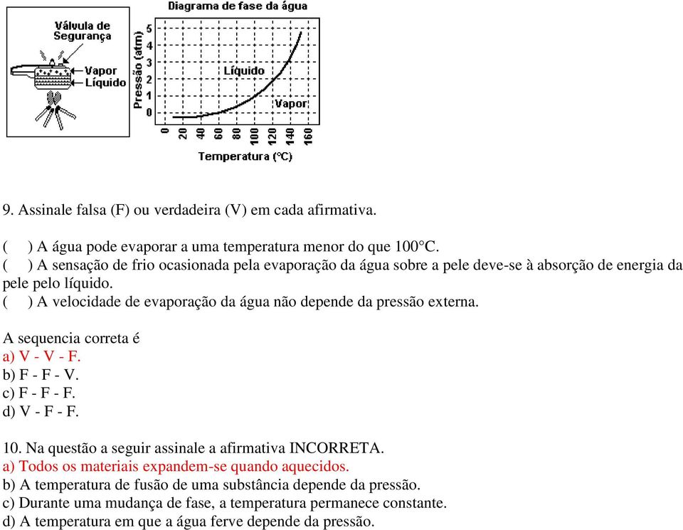 ( ) A velocidade de evaporação da água não depende da pressão externa. A sequencia correta é a) V - V - F. b) F - F - V. c) F - F - F. d) V - F - F. 10.