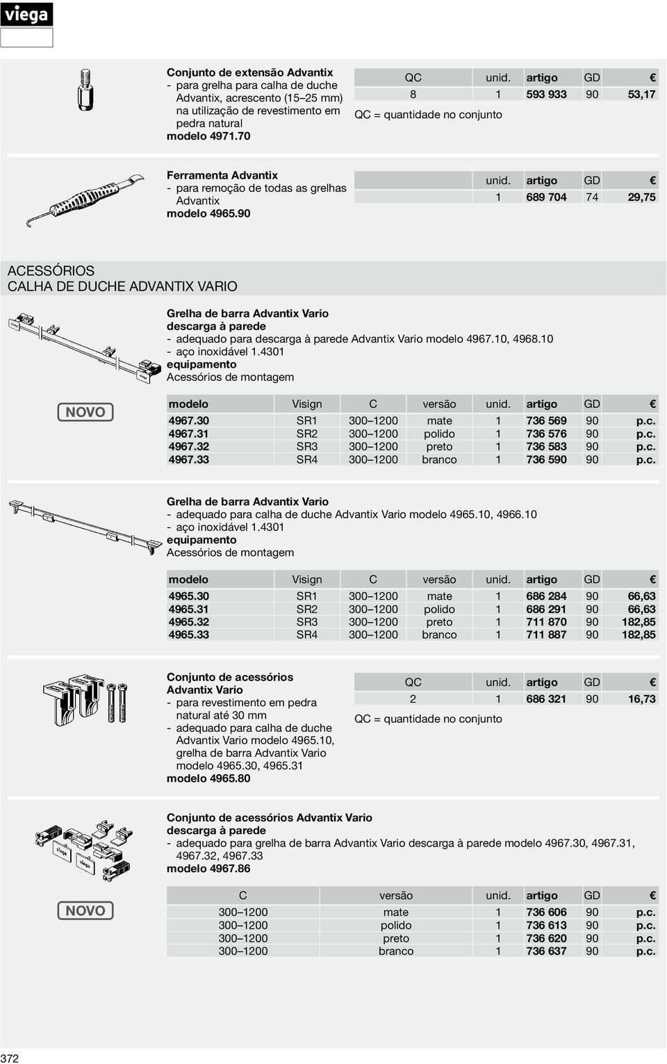 artigo GD 1 689 704 74 29,75 Acessórios Calha de duche Advantix Vario Grelha de barra Advantix Vario descarga à parede adequado para descarga à parede Advantix Vario modelo 4967.10, 4968.