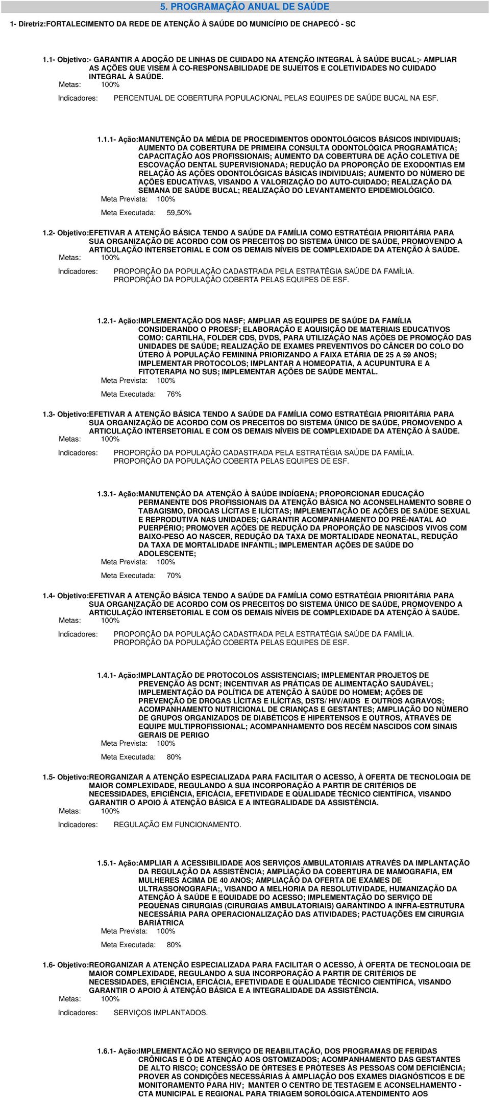 s: 100 Indicadores: PERCENTAL DE COBERTRA POPLACIONAL PELAS EQIPES DE SAÚDE BCAL NA ESF. 1.1.1- Ação: MANTENÇÃO DA MÉDIA DE PROCEDIMENTOS ODONTOLÓGICOS BÁSICOS INDIVIDAIS; AMENTO DA COBERTRA DE