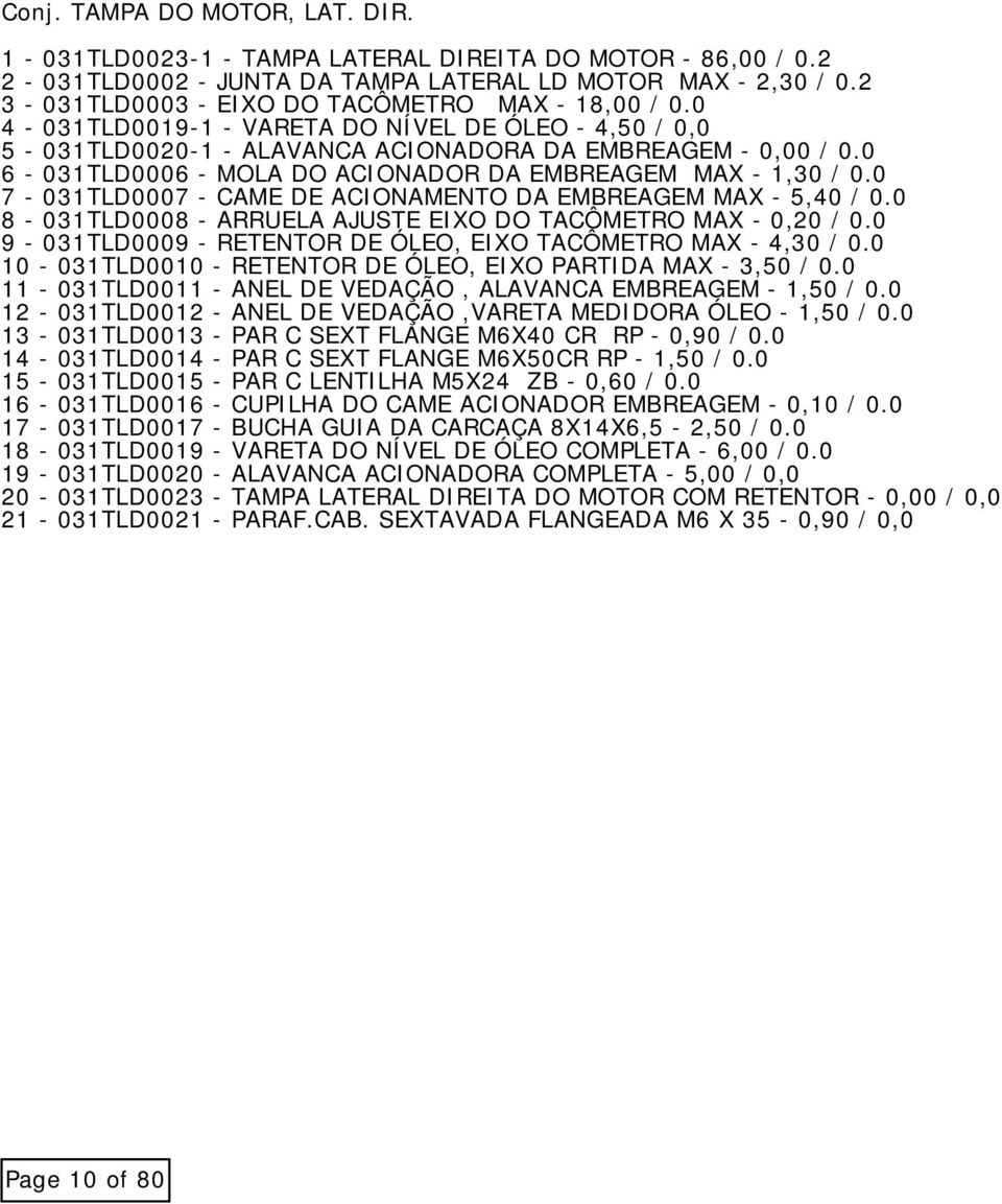 0 6-031TLD0006 - MOLA DO ACIONADOR DA EMBREAGEM MAX - 1,30 / 0.0 7-031TLD0007 - CAME DE ACIONAMENTO DA EMBREAGEM MAX - 5,40 / 0.0 8-031TLD0008 - ARRUELA AJUSTE EIXO DO TACÔMETRO MAX - 0,20 / 0.