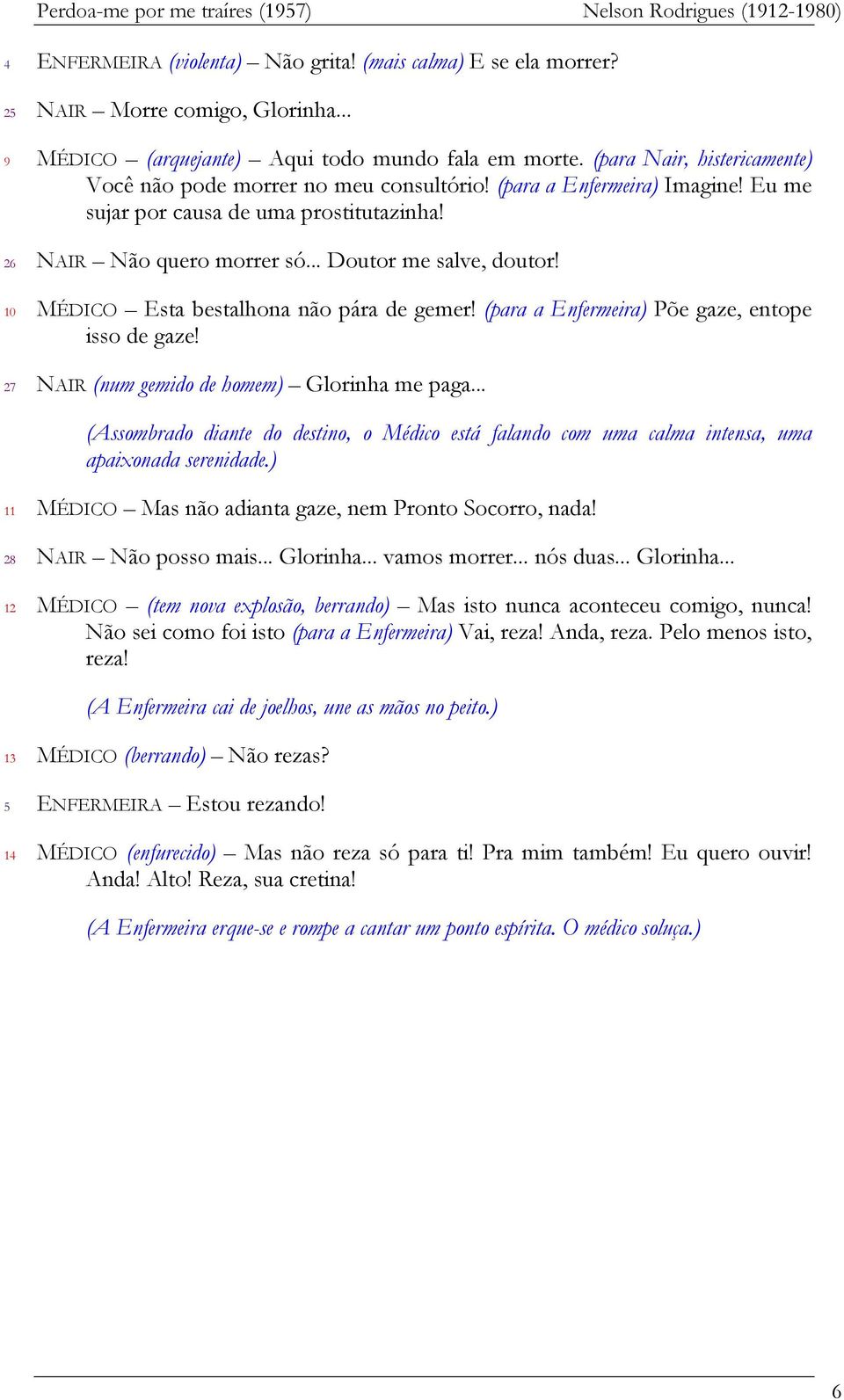 10 MÉDICO Esta bestalhona não pára de gemer! (para a Enfermeira) Põe gaze, entope isso de gaze! 27 NAIR (num gemido de homem) Glorinha me paga.