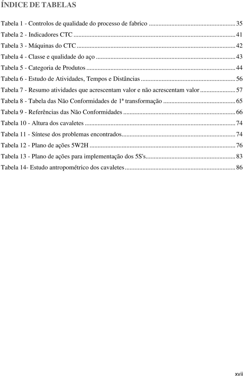.. 57 Tabela 8 - Tabela das Não Conformidades de 1ª transformação... 65 Tabela 9 - Referências das Não Conformidades... 66 Tabela 10 - Altura dos cavaletes.