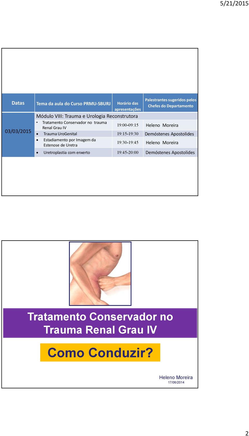 Trauma UroGenital 19:15-19:30 Demóstenes Apostolides Estadiamentopor Imagem da Estenose de Uretra 19:30-19:45 Heleno Moreira