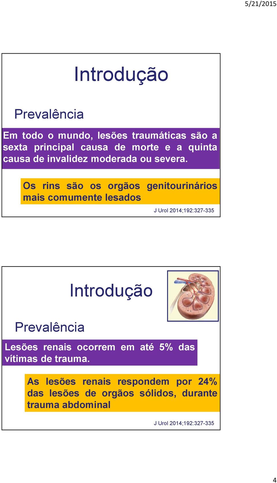 Os rins são os orgãos genitourinários mais comumente lesados J Urol 2014;192:327-335 Prevalência