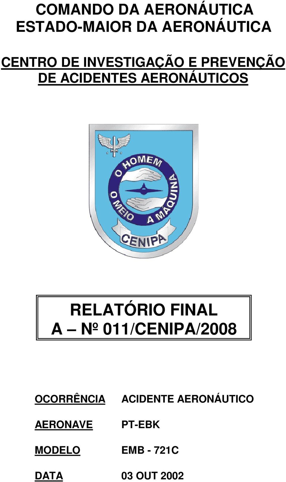 RELATÓRIO FINAL A Nº 011/CENIPA/2008 OCORRÊNCIA AERONAVE