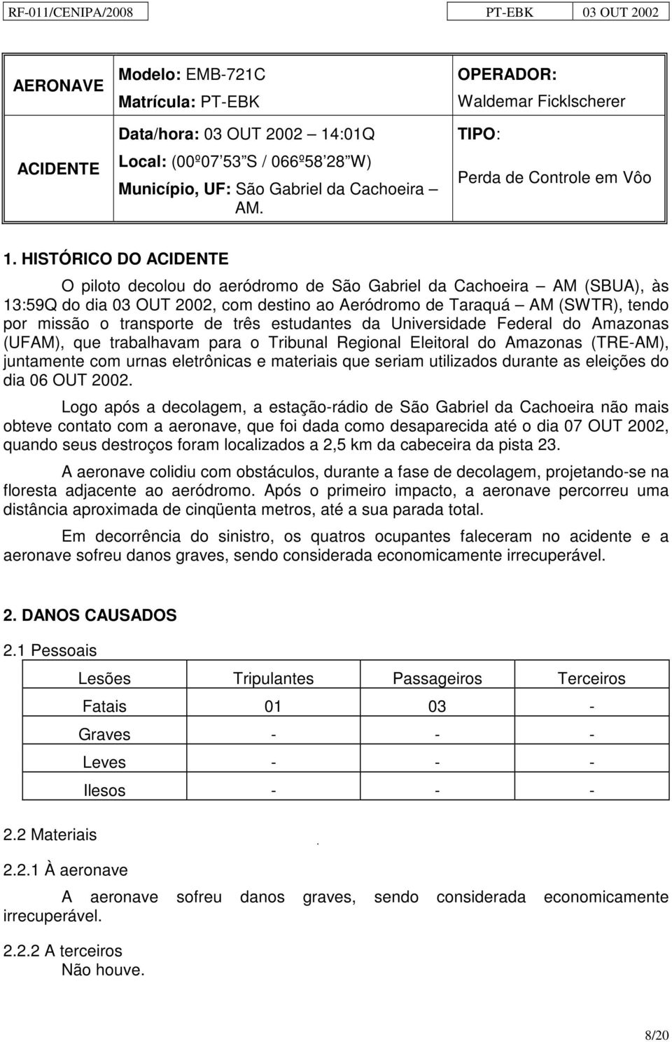 HISTÓRICO DO ACIDENTE O piloto decolou do aeródromo de São Gabriel da Cachoeira AM (SBUA), às 13:59Q do dia 03 OUT 2002, com destino ao Aeródromo de Taraquá AM (SWTR), tendo por missão o transporte